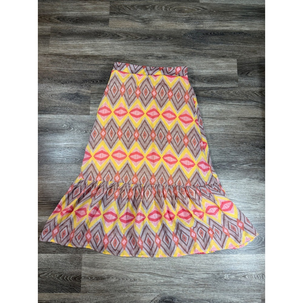 Mlle Gabrielle Tiered Maxi Skirt Womens Small Yellow Pink Geometric Print Ruffle
